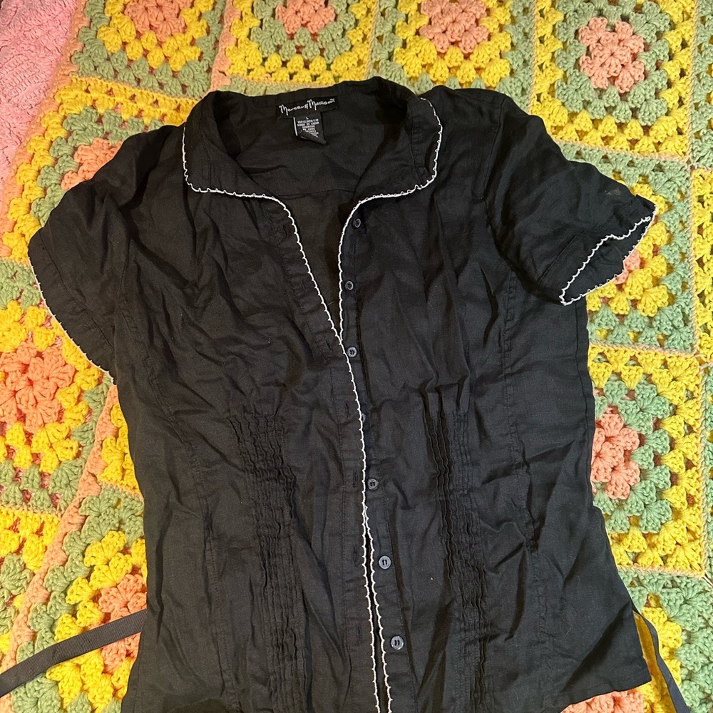 Black Button-Up Blouse with White Trim